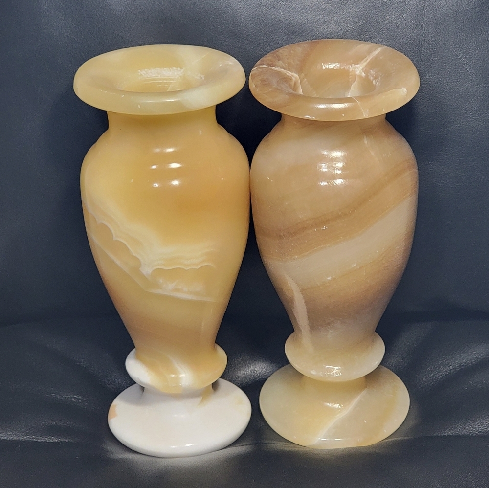 Vintage Polished Marble Onyx Vase Hand Carved Stone Decor Cream Honey Tones 8"